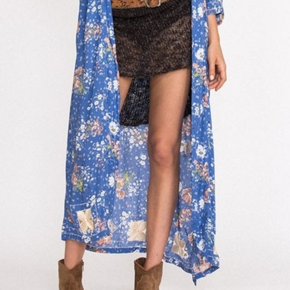 Rare Spell Designs Blue Sundancer Maxi Kimono Duster OS floral embroidered robe - Picture 9 of 17